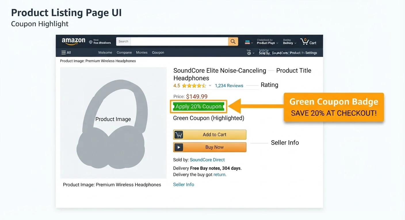 Annotated Amazon product page showing the location of the green coupon clip badge below the price