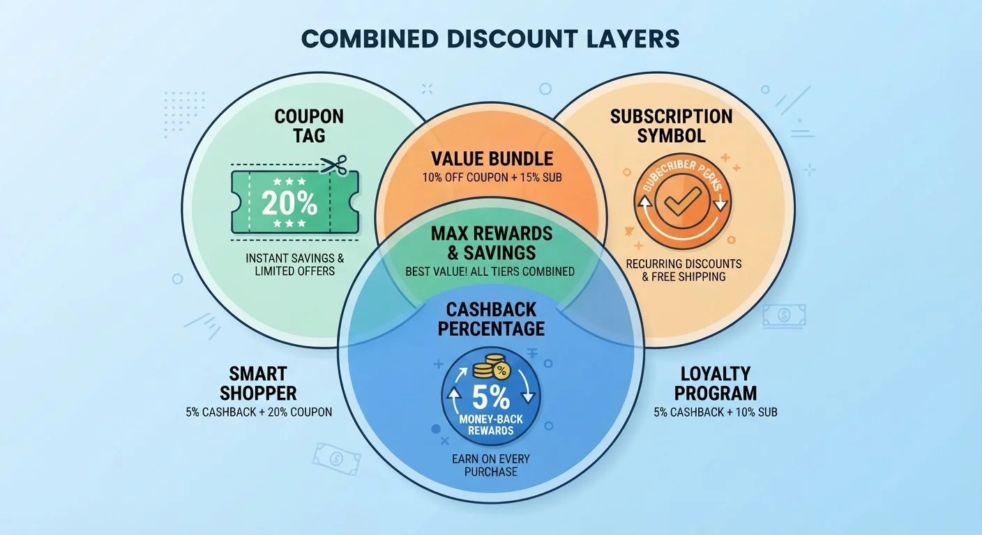 Infographic illustrating three stackable Amazon discount layers: clipped coupon, Subscribe and Save, and cashback