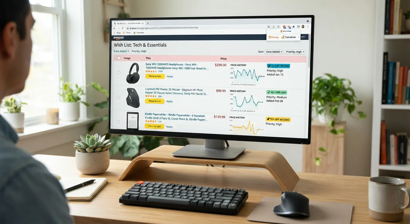 Amazon wish list on desktop browser with price history and active coupon badges visible on listed products
