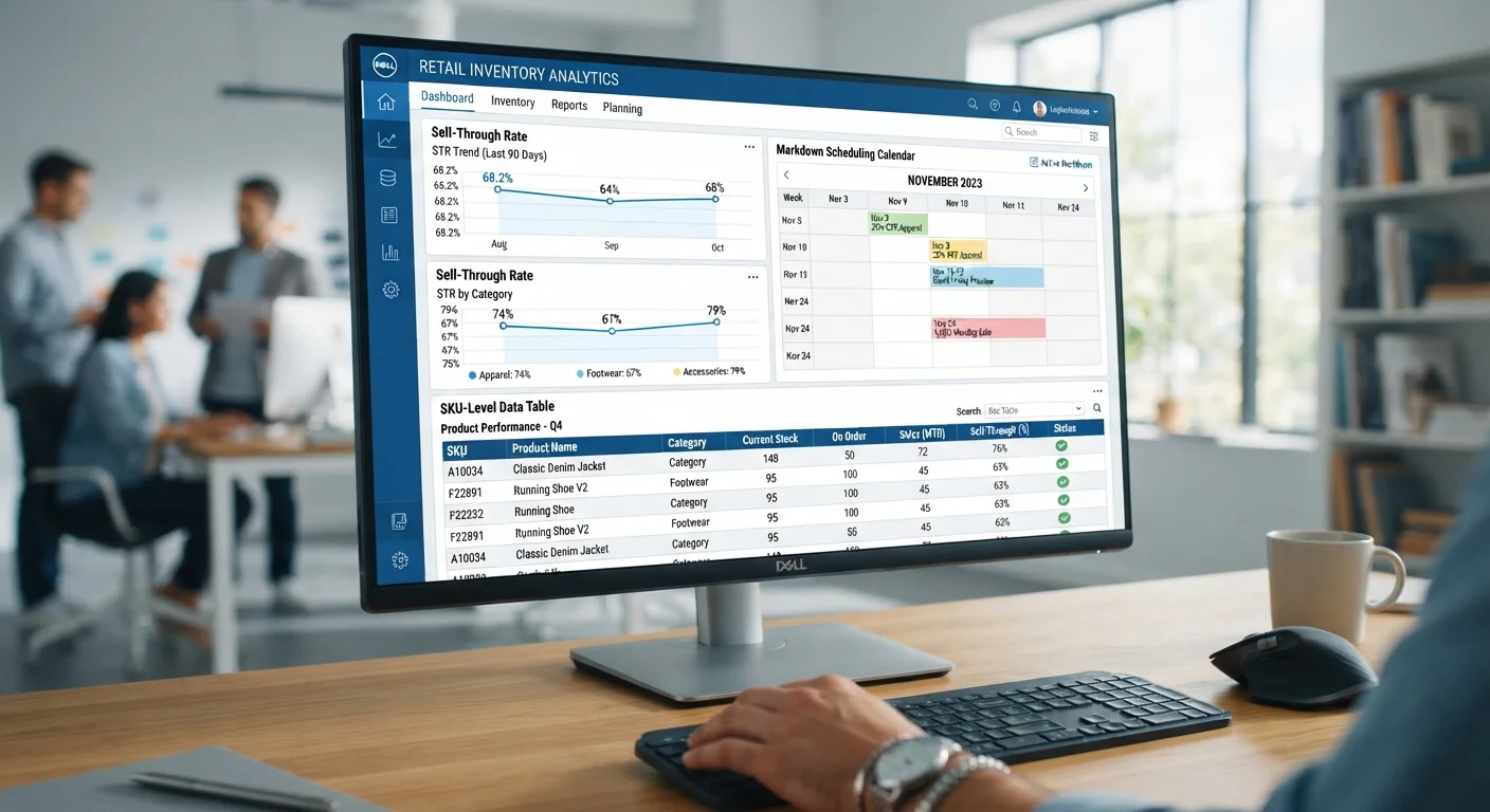 Retail inventory management software dashboard showing sell-through rates and markdown scheduling data