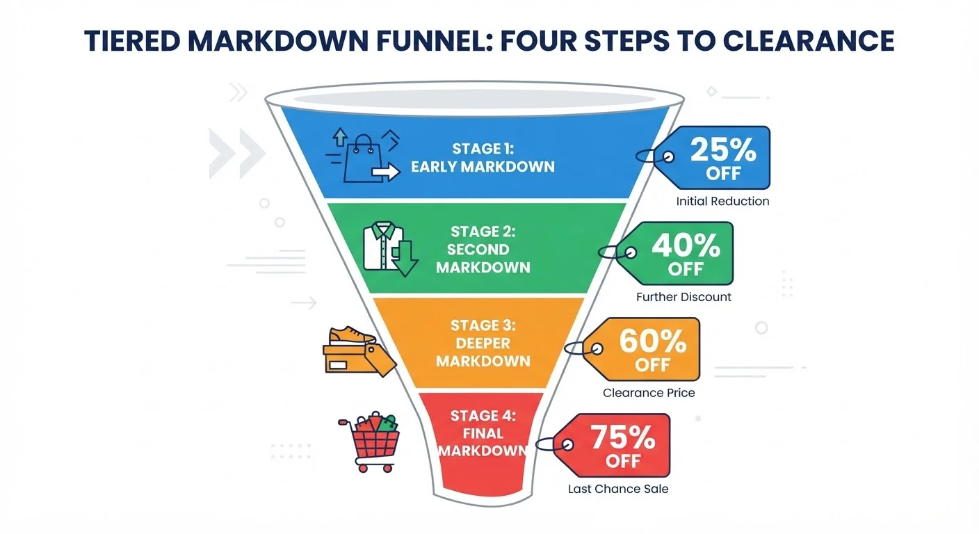 Diagram showing a four-tier retail markdown funnel from 25% off to 75% off clearance pricing