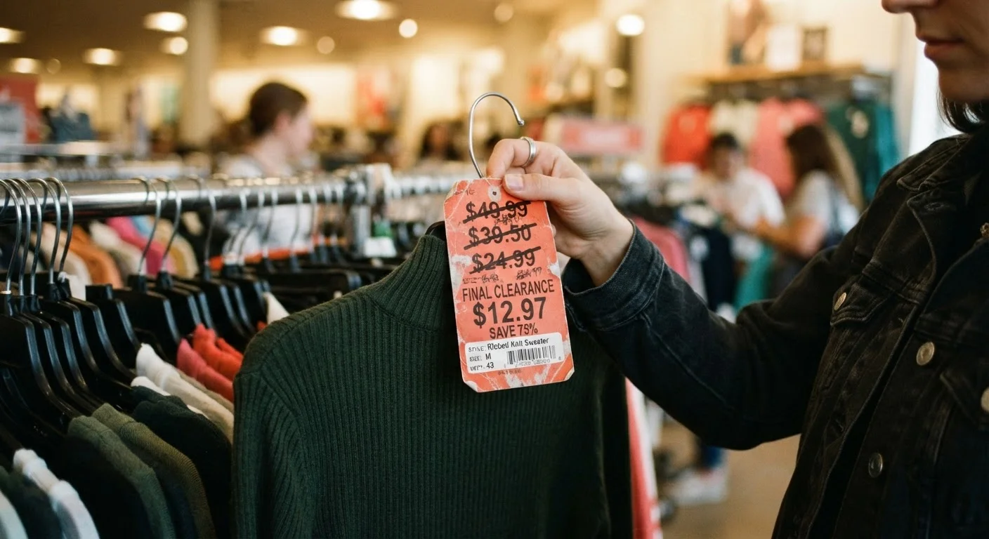 Shopper closely inspecting a clearance price tag with multiple crossed-out prices on a clothing rack