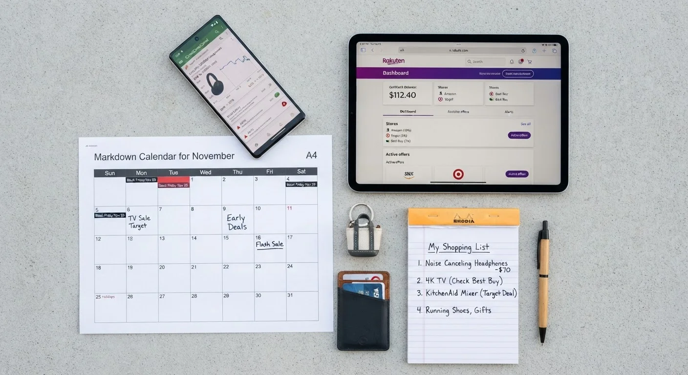 Flat lay of a shopper's tools including a price tracking app, cashback portal, and markdown calendar