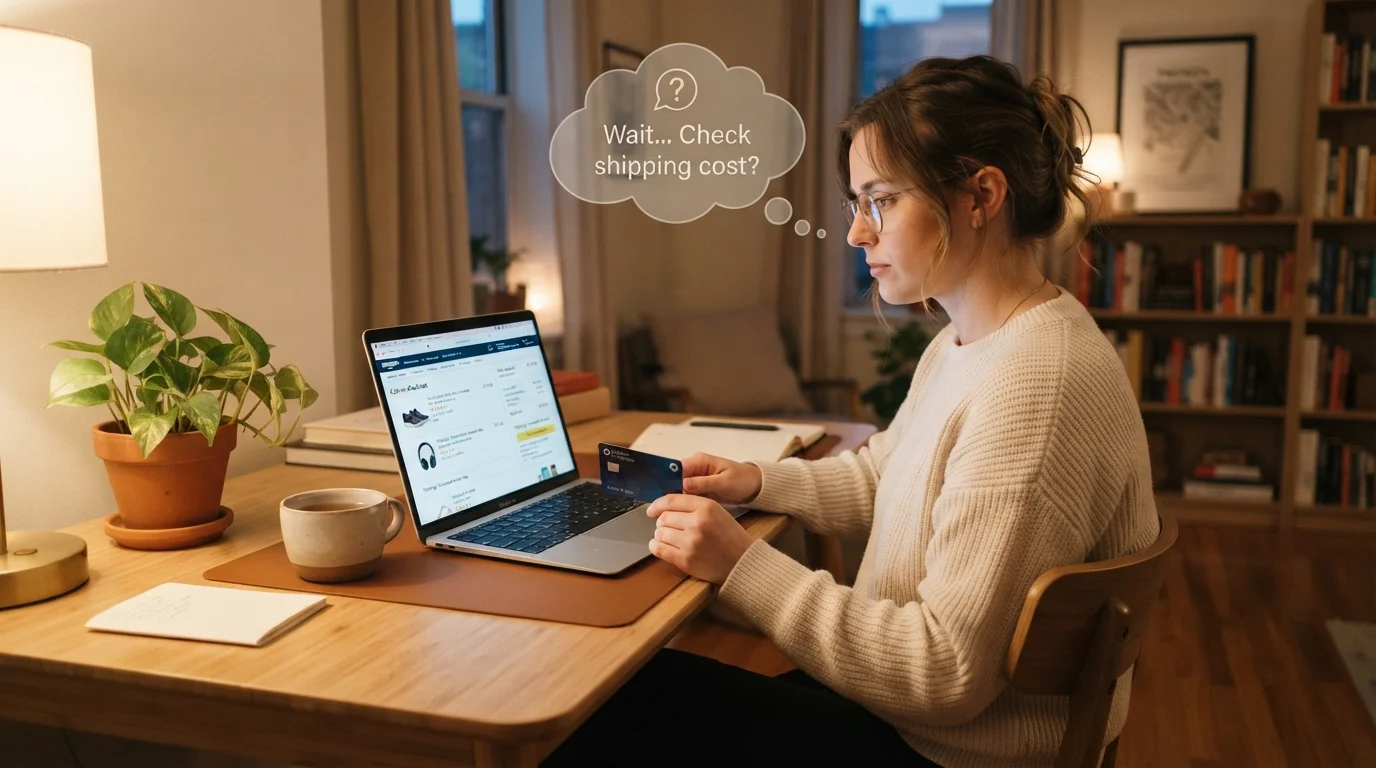 Person at a desk with a credit card and laptop, appearing to miss a cashback step before checkout