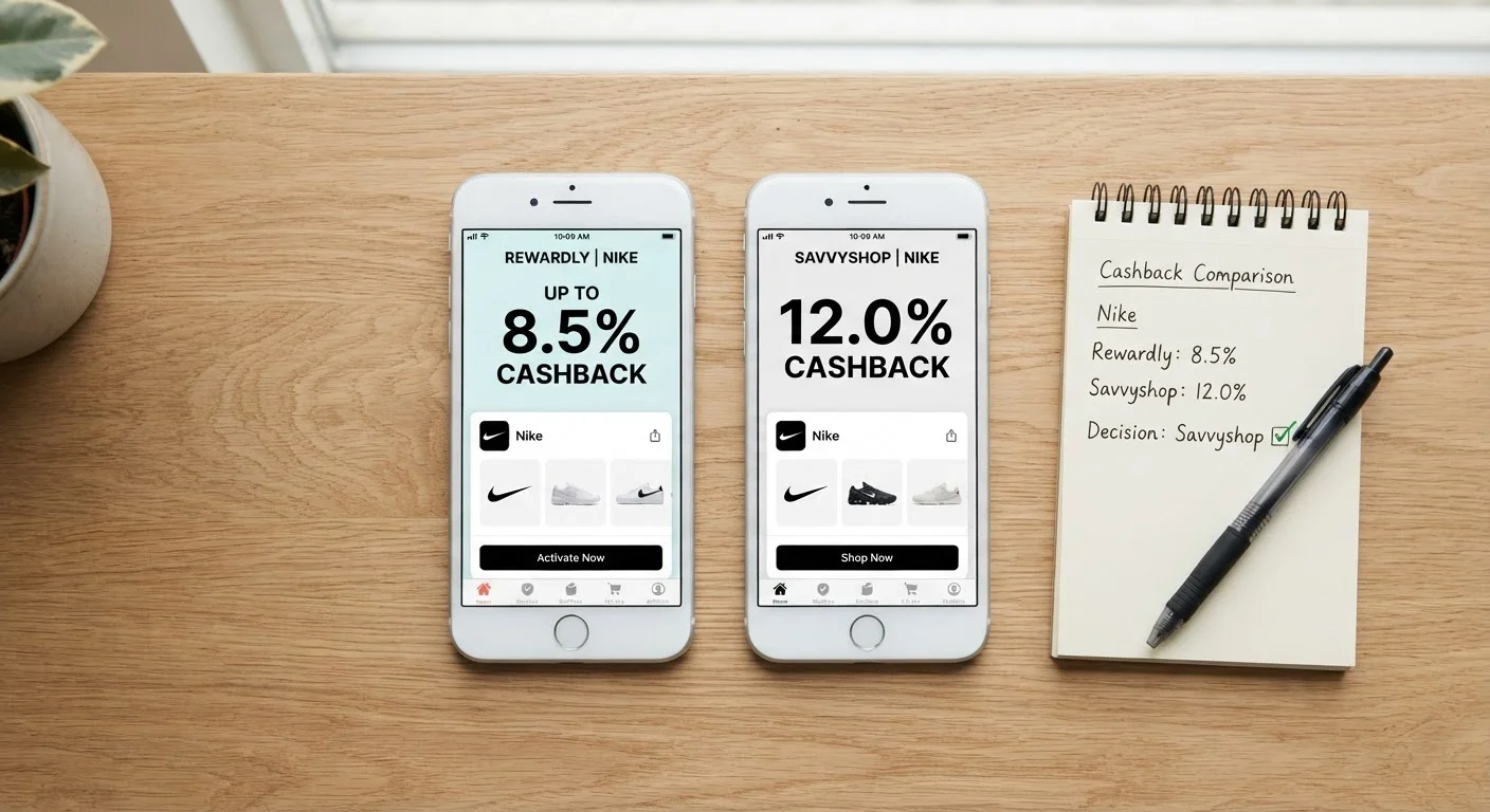 Two smartphones displaying different cashback portal rates for the same retailer side by side