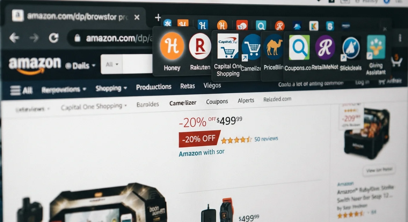 Browser toolbar with multiple competing cashback and coupon extensions active simultaneously