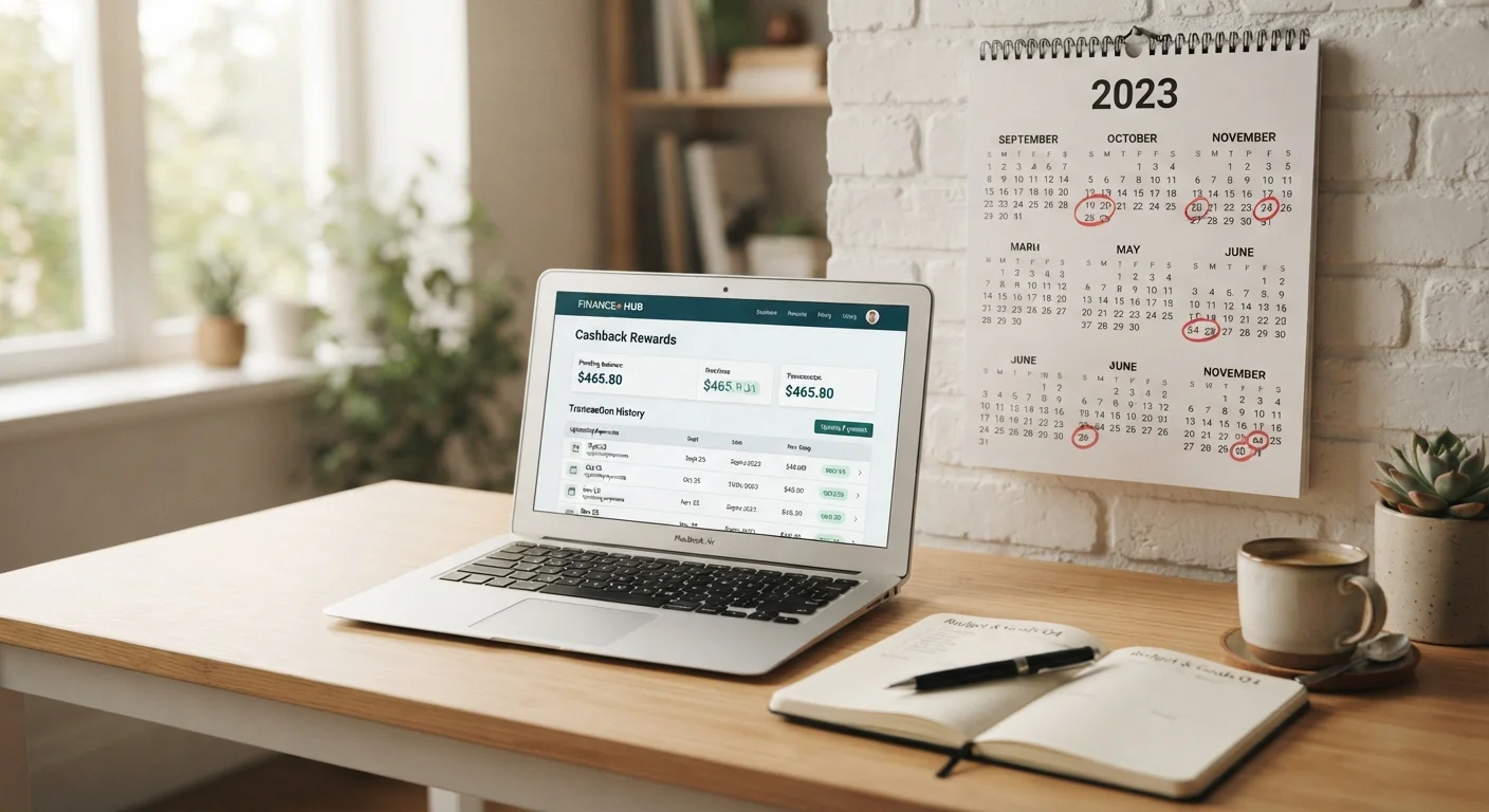 Calendar with quarterly cashback redemption reminders next to a laptop showing a rewards balance