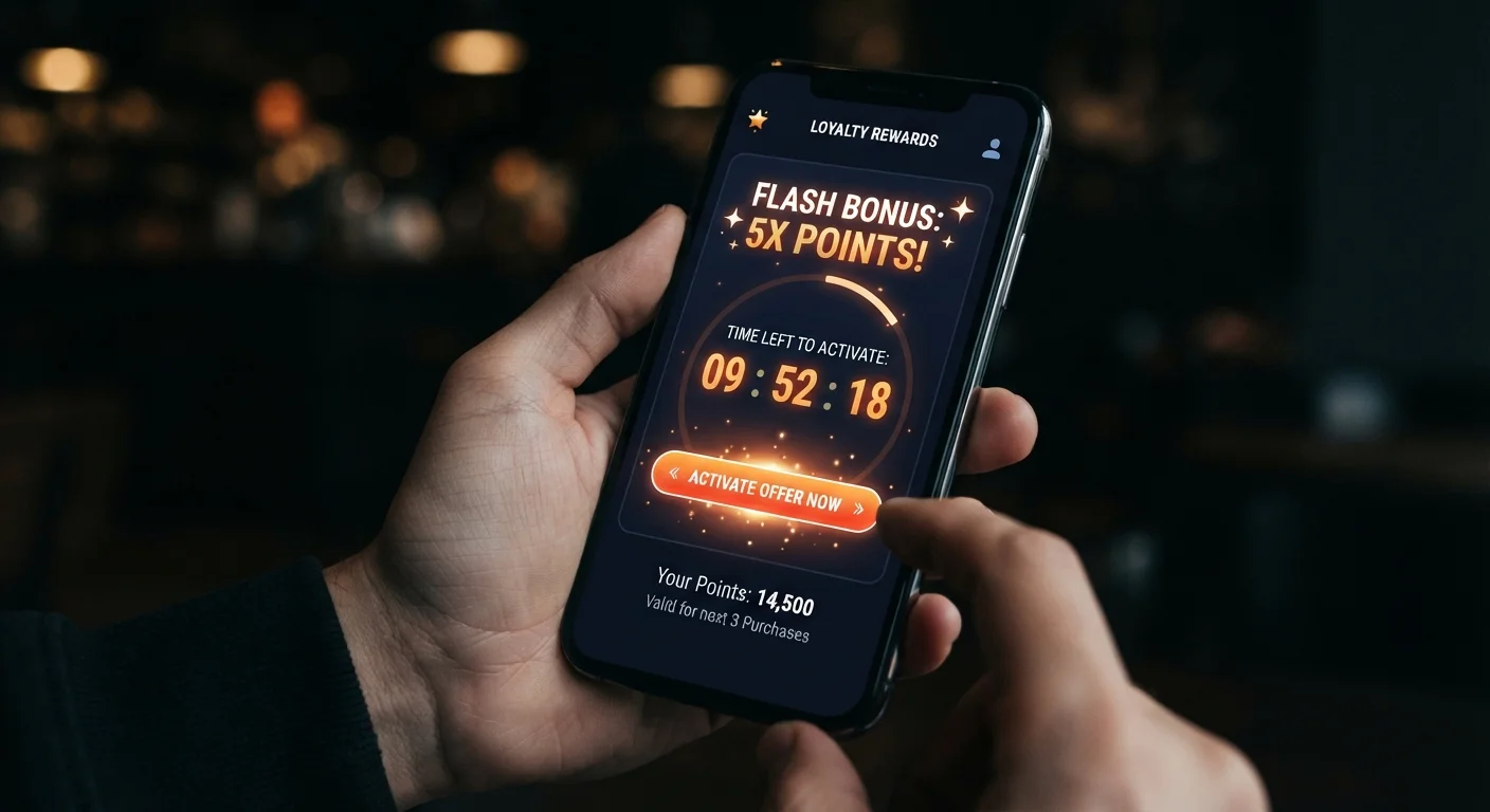 Mobile loyalty app screen showing a countdown timer for a bonus points offer with an activate button.