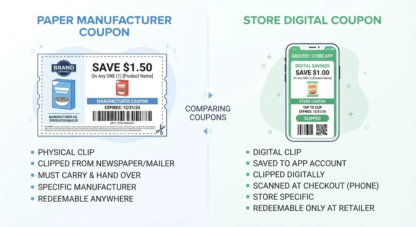 Comparison of a paper manufacturer coupon alongside a store digital coupon displayed on a smartphone