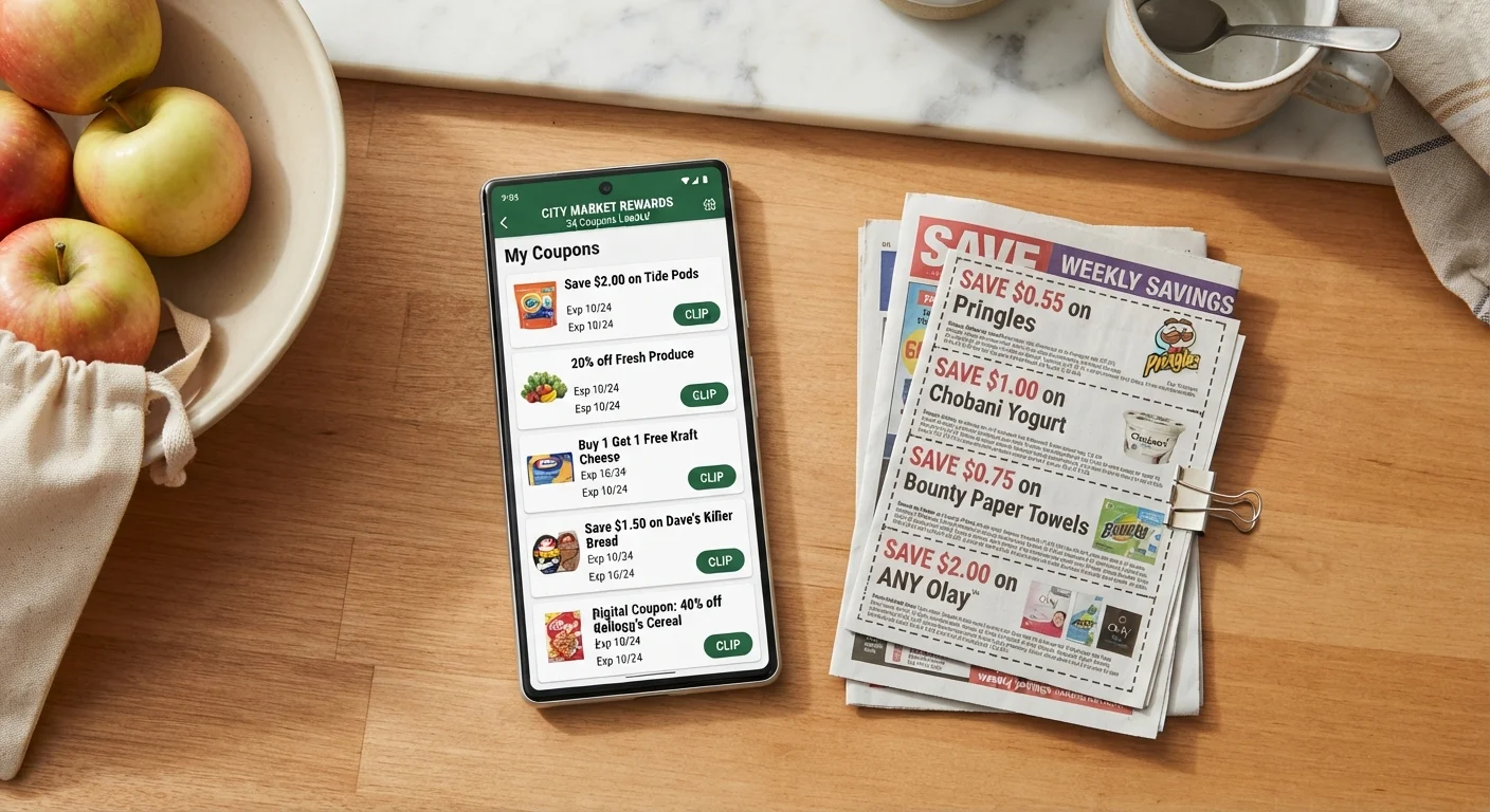 Smartphone showing digital loyalty app coupons next to clipped paper manufacturer coupons on a kitchen counter