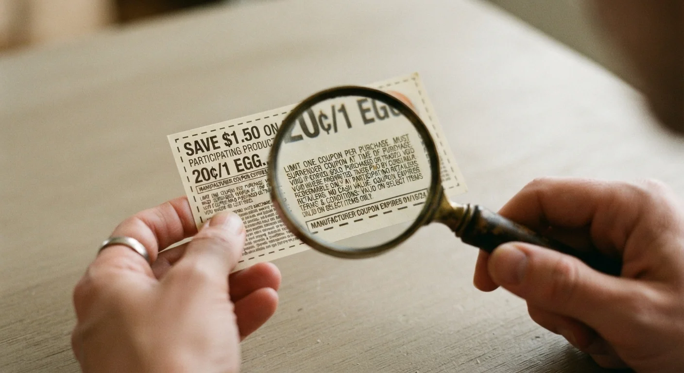 Magnifying glass highlighting fine print terms on a printed coupon to show exclusion language detail