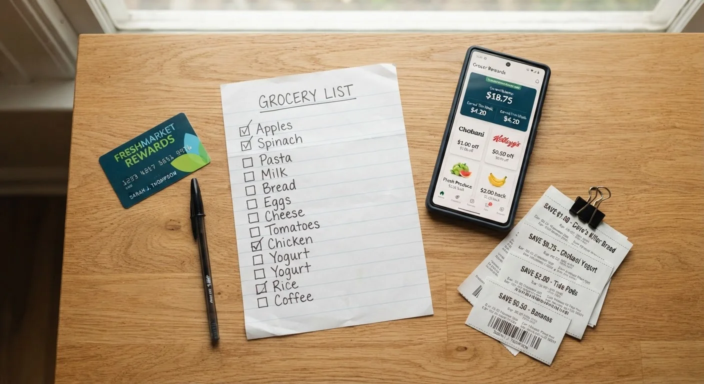Organized flat lay of a shopping checklist, loyalty card, paper coupons, and cashback app on a wooden desk