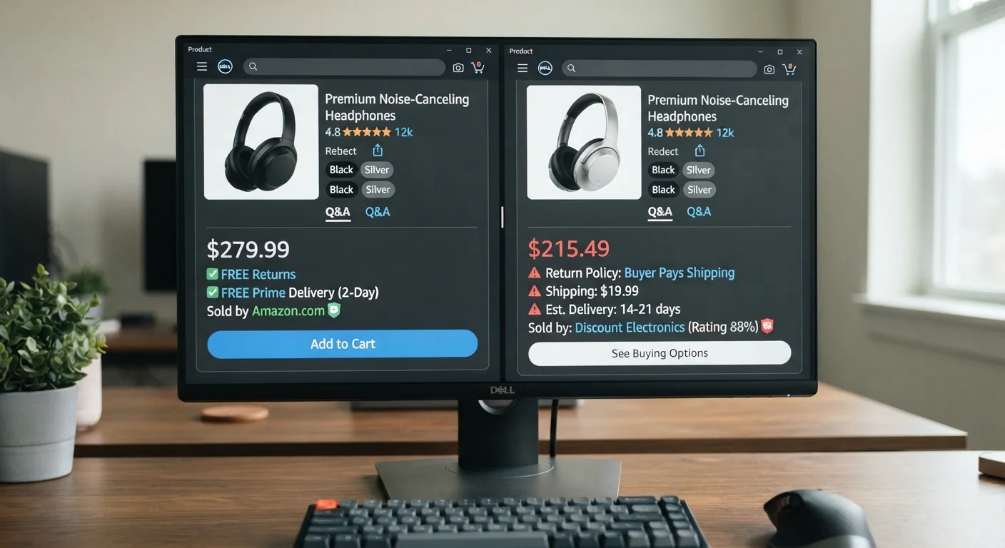 Two product listings side by side on a monitor comparing price, shipping, and return indicators