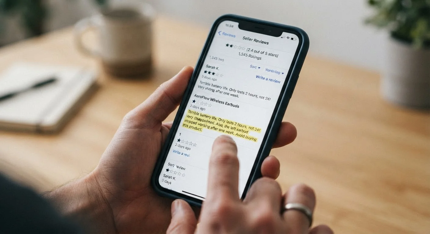 Hand scrolling through online seller reviews on a smartphone, low-rating review highlighted