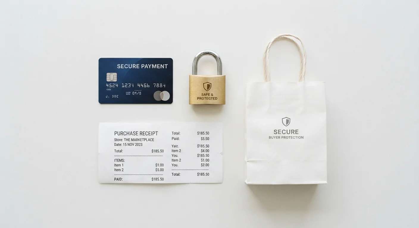 Credit card, padlock, receipt and shopping bag representing buyer protection and secure payments