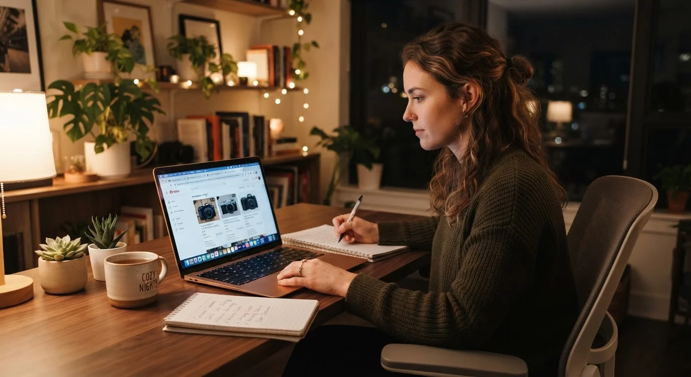 Person comparing multiple marketplace listings on a laptop with a handwritten checklist on a notepad