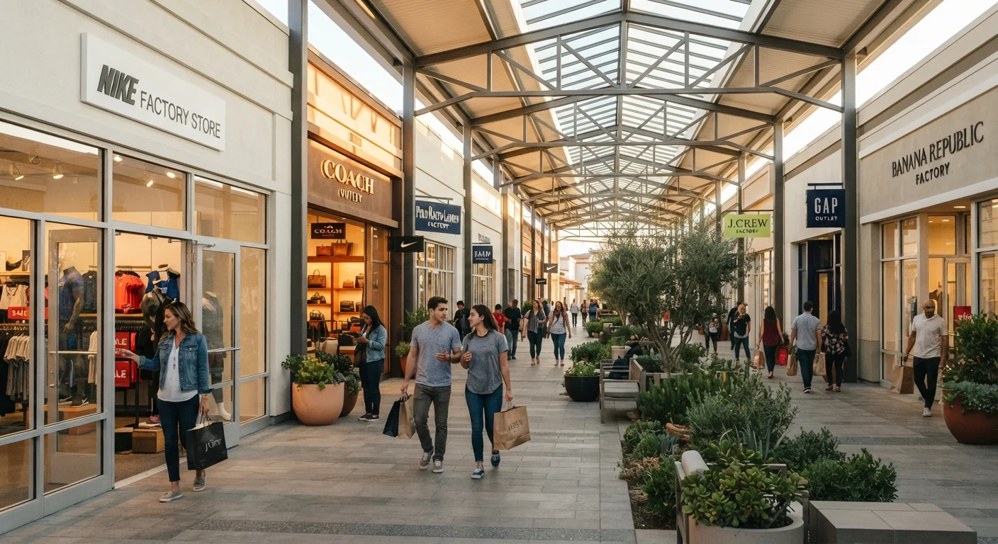 Shoppers browsing branded clothing stores in a bright, modern outlet mall corridor.