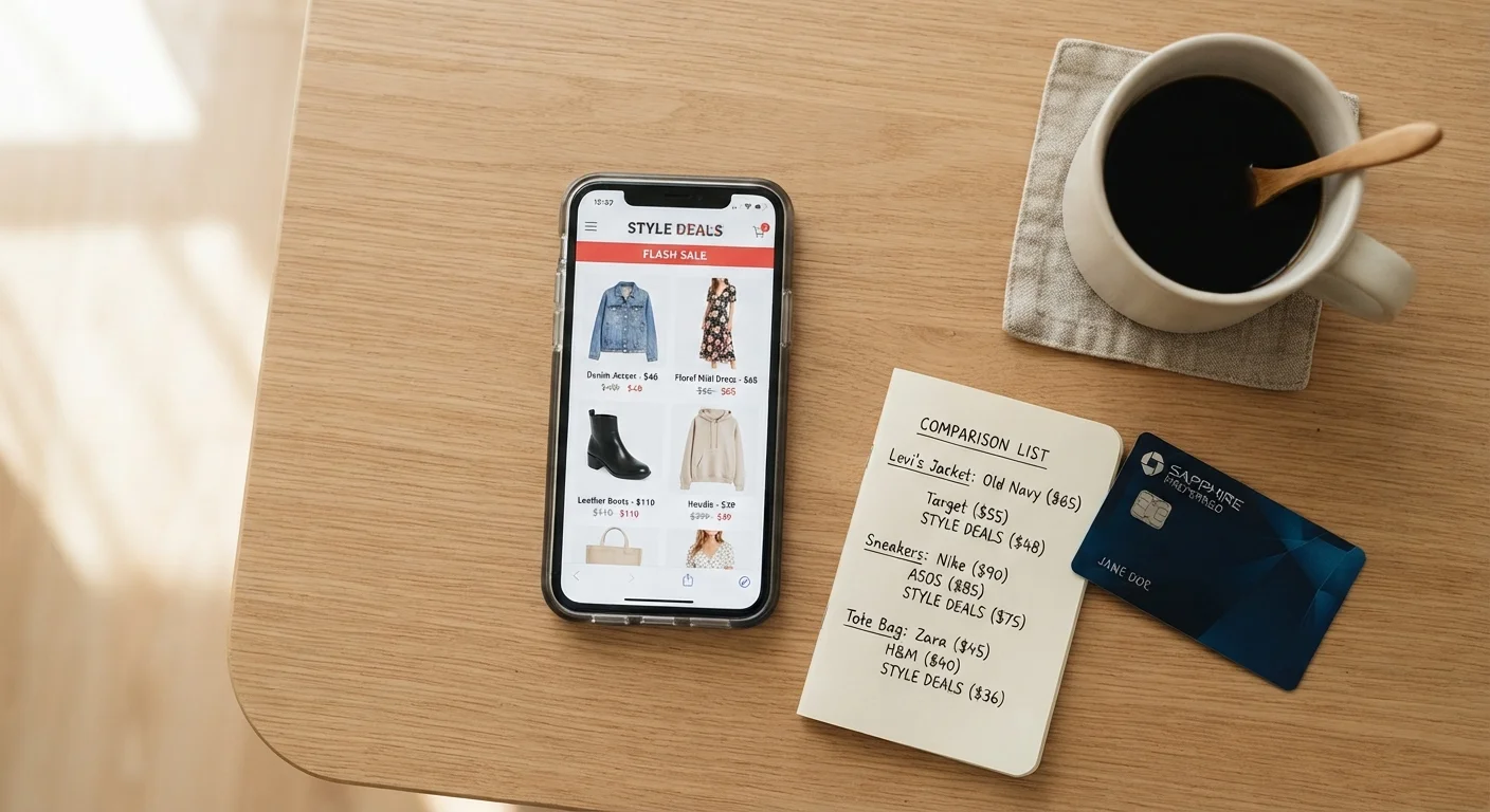 Smartphone showing branded clothing deals on an online discount retail website alongside a price comparison notebook.