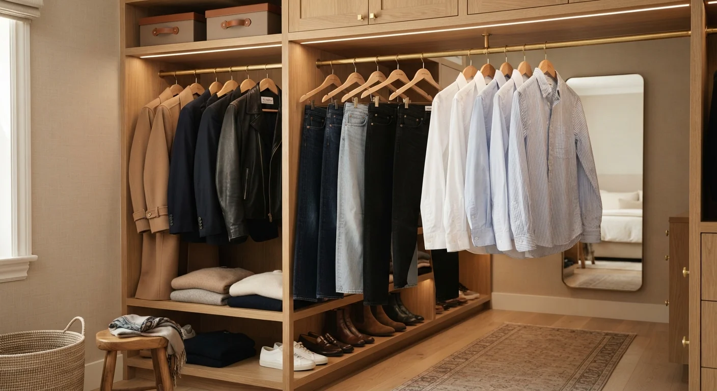 An organized closet with quality branded clothing items on wooden hangers in warm lighting.