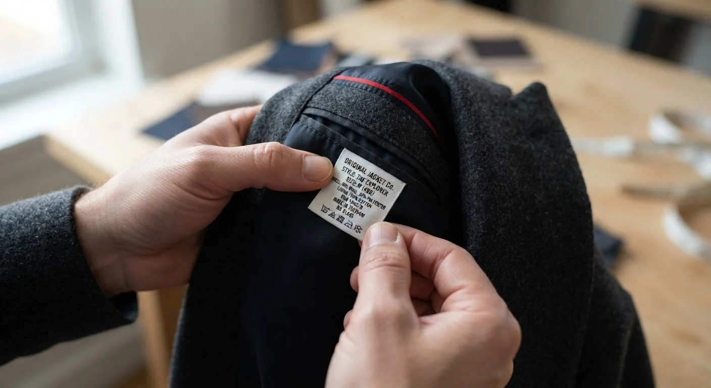 Hands examining clothing label and stitching quality inside a jacket to check authenticity.