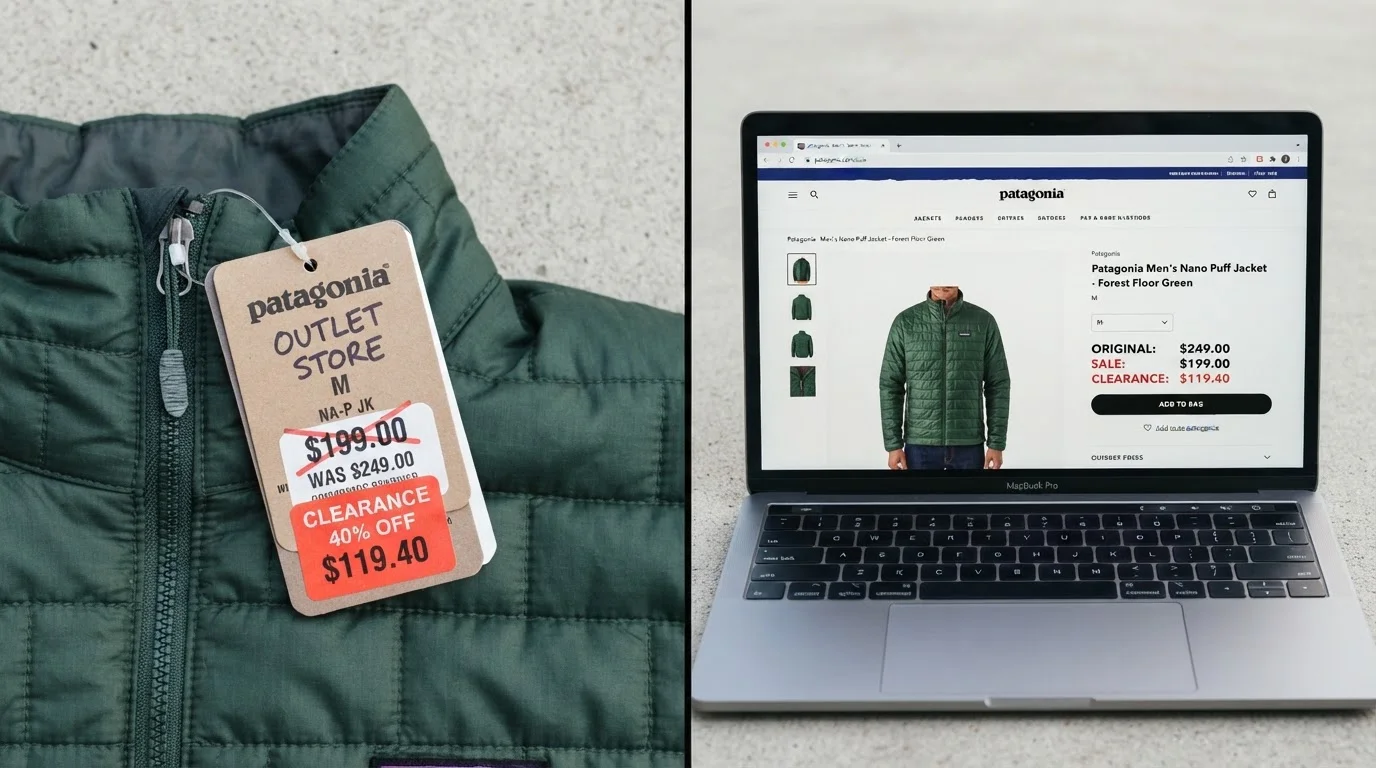 Flat lay comparing outdoor gear price tags from an outlet store and a brand website clearance sale