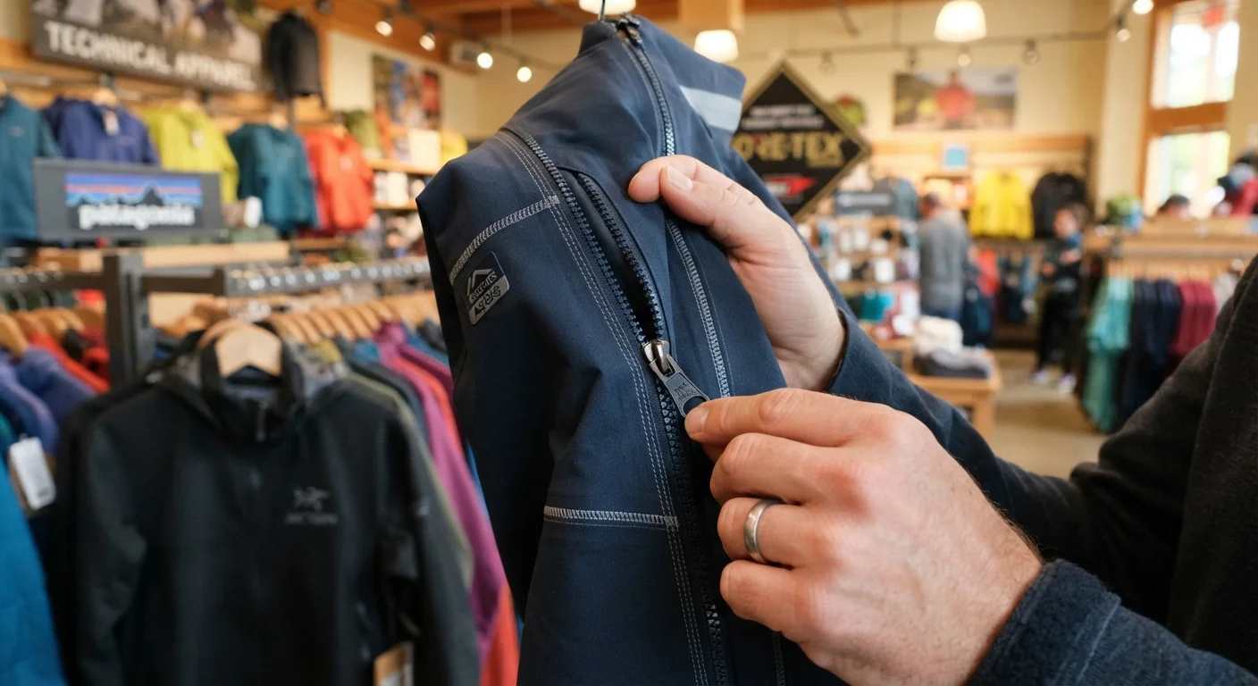 Hands closely inspecting the zipper and stitching quality of an outdoor jacket in an outlet store