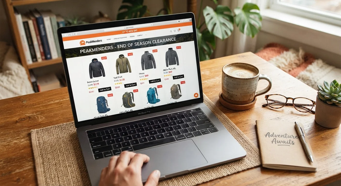Laptop screen showing an outdoor gear brand's online clearance sale with discounted jackets and backpacks