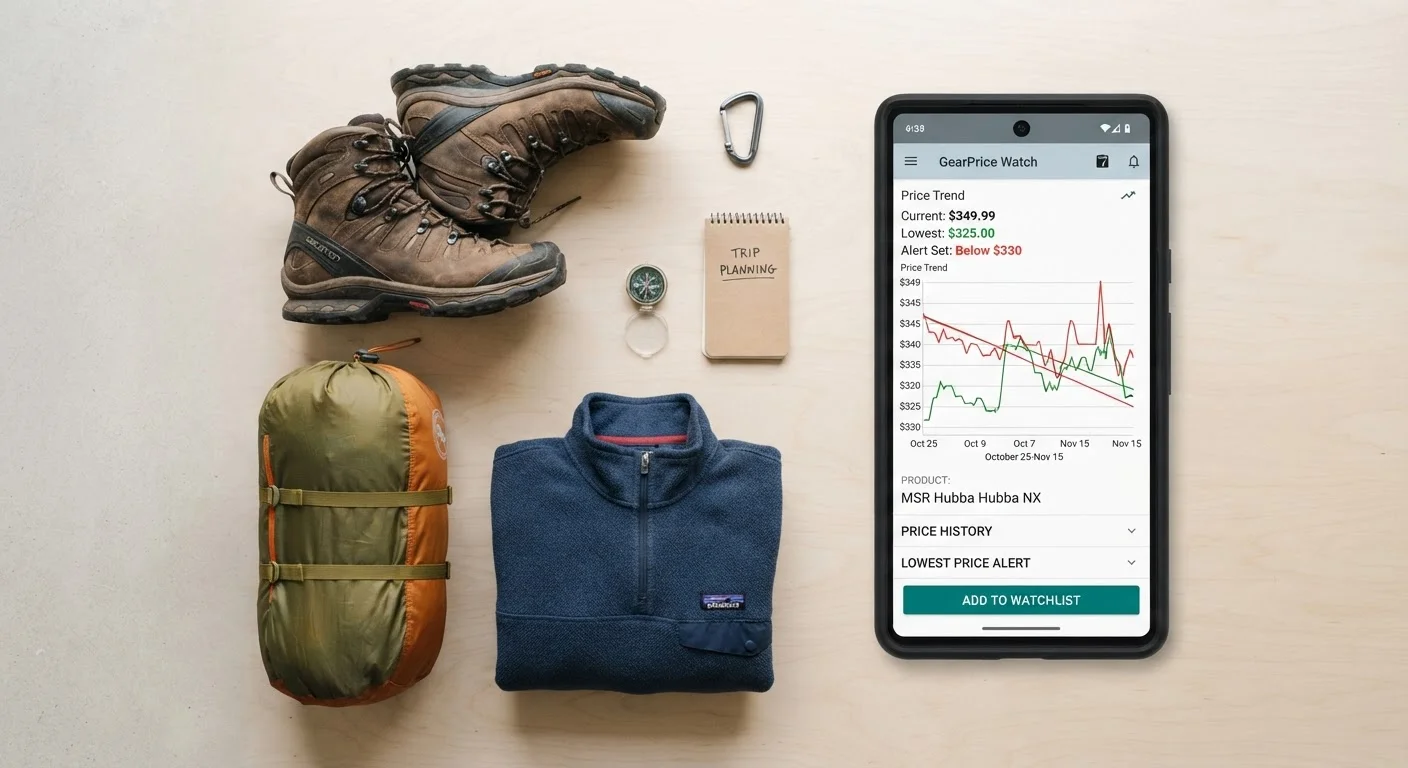 Outdoor gear items arranged next to a smartphone showing a price history tracking chart for smart shopping