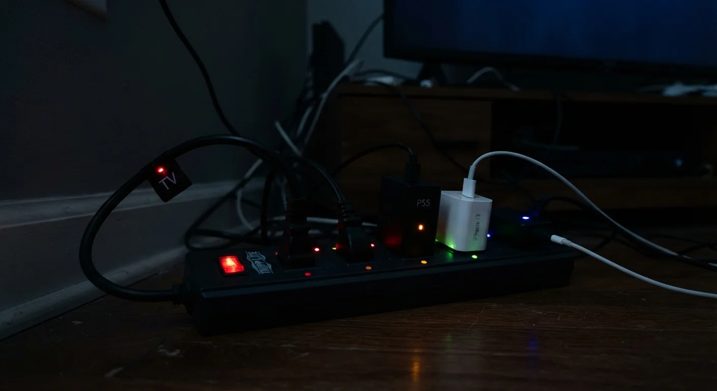 Power strip with multiple chargers and electronics plugged in, glowing standby indicator lights in a dim room