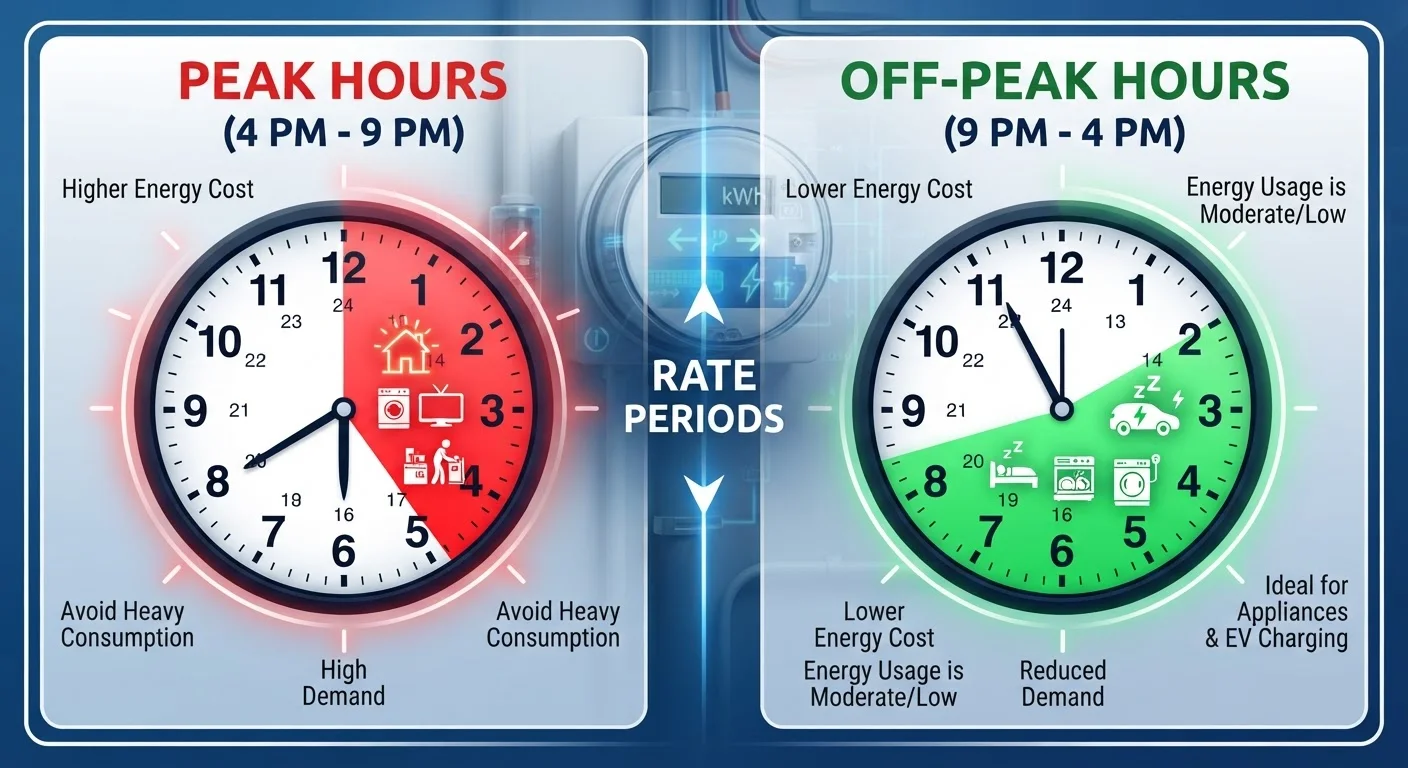 Split graphic showing peak hours highlighted in red and off-peak hours in green on a stylized clock face