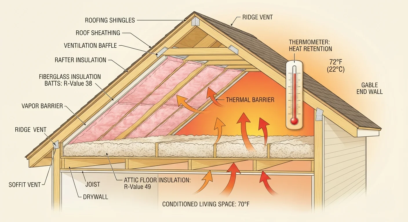 Cross-section diagram of a house attic showing insulation batts between rafters with heat retention illustration