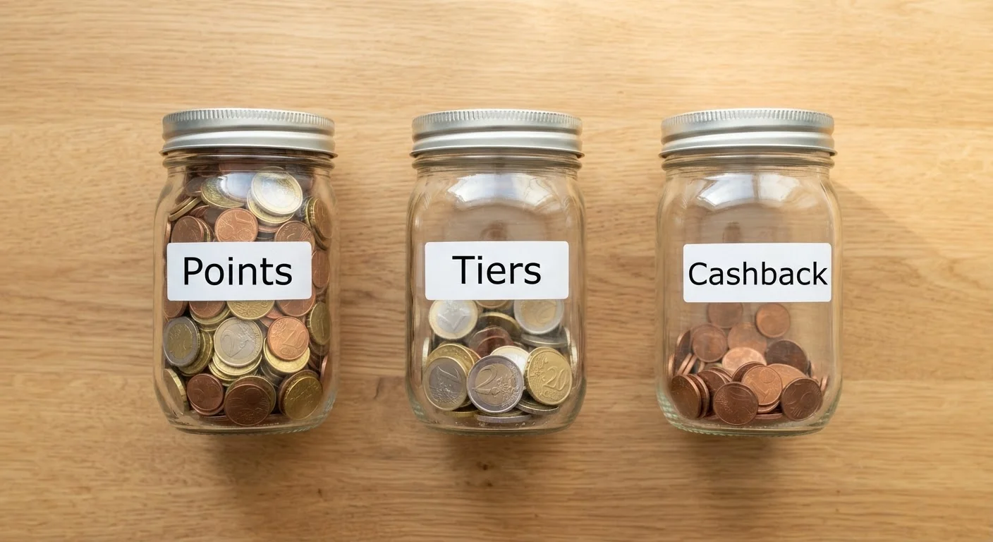 Three glass jars labeled Points, Tiers, and Cashback filled with varying amounts of coins on a wooden surface