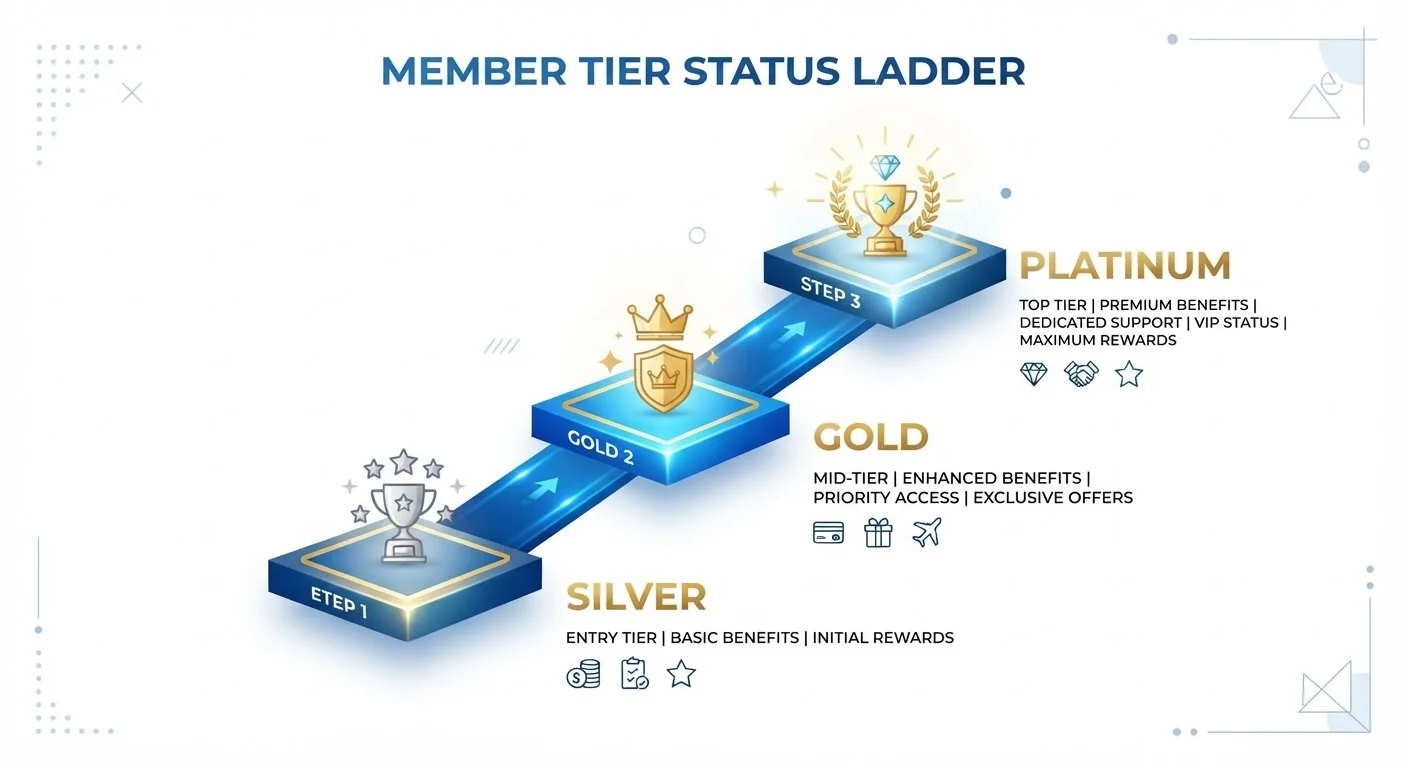 An ascending status ladder diagram showing Silver, Gold, and Platinum loyalty tier levels in blue and gold