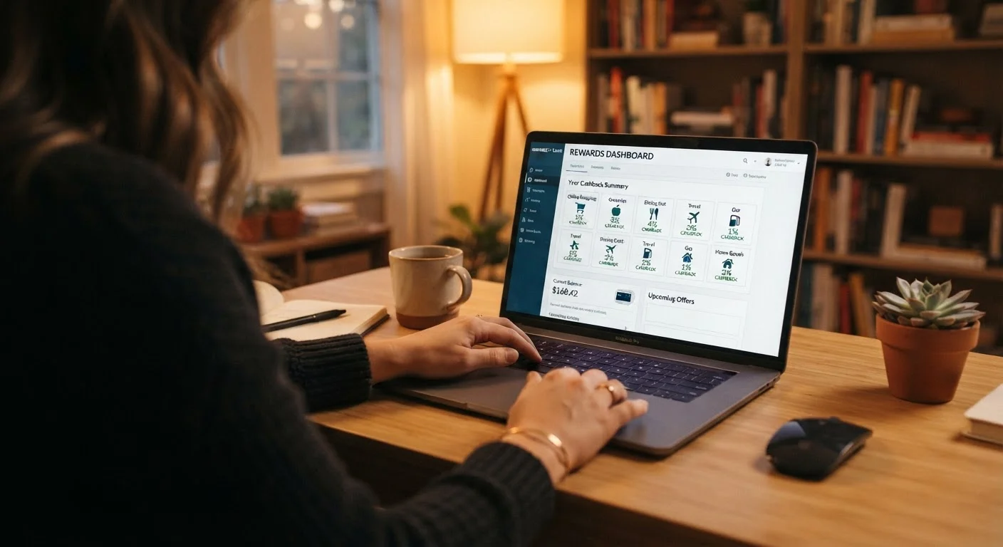 Person sitting at laptop reviewing a cashback rewards dashboard with percentage values and category icons on screen