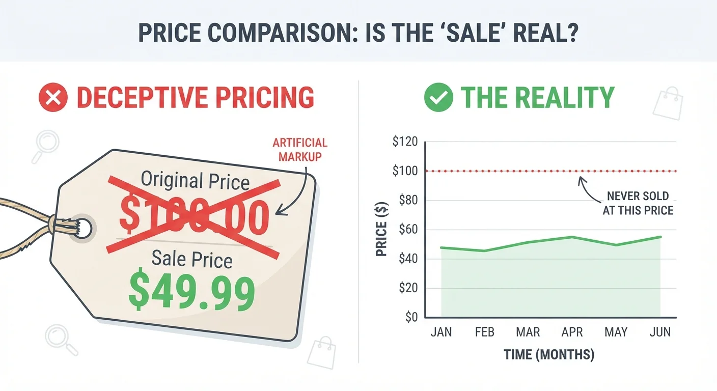 Comparison of an inflated original price versus sale price, with chart evidence showing the original price was artificial