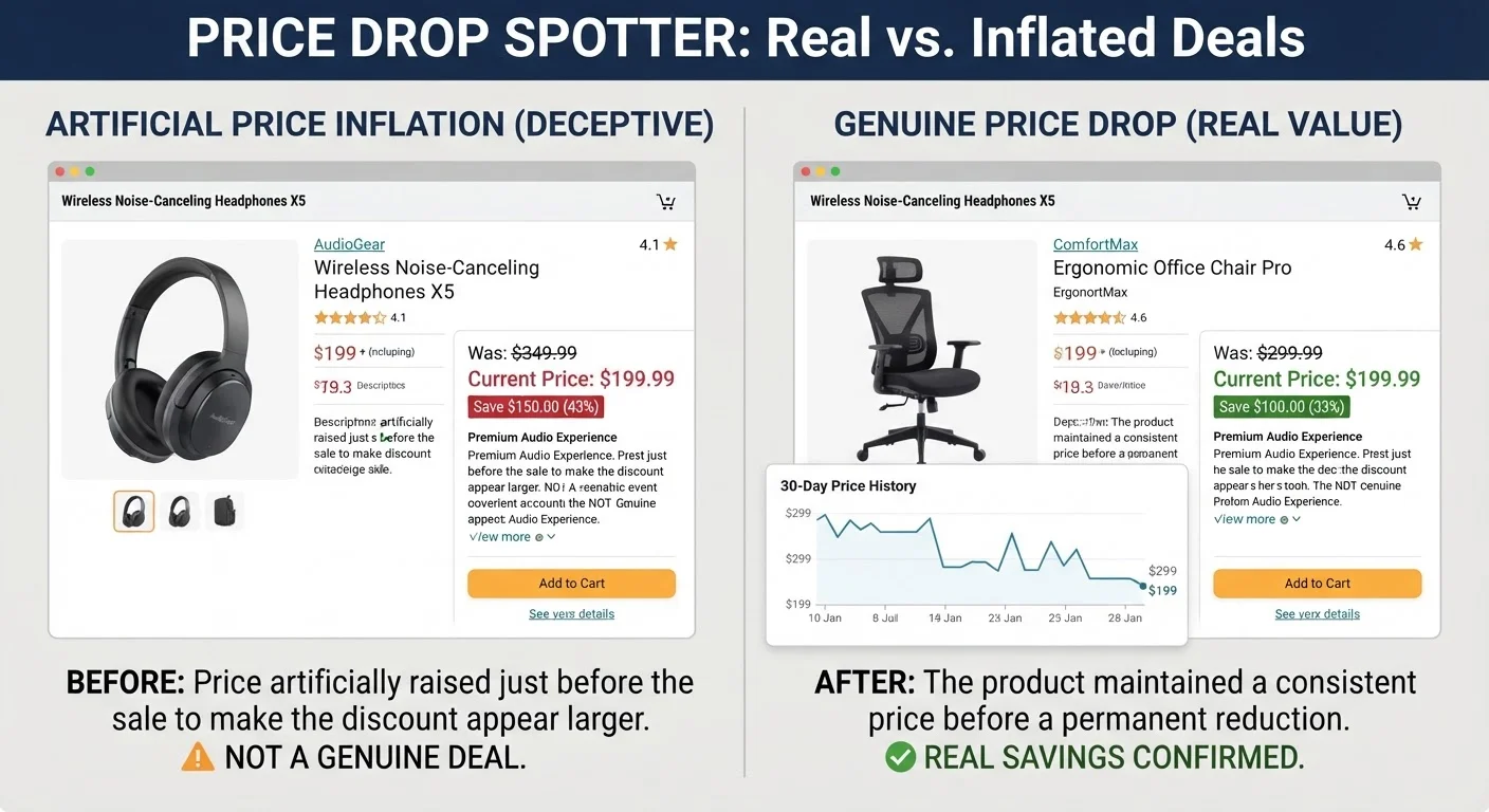 Side-by-side comparison of a fake sale listing with inflated original price versus a genuine price drop shown on chart