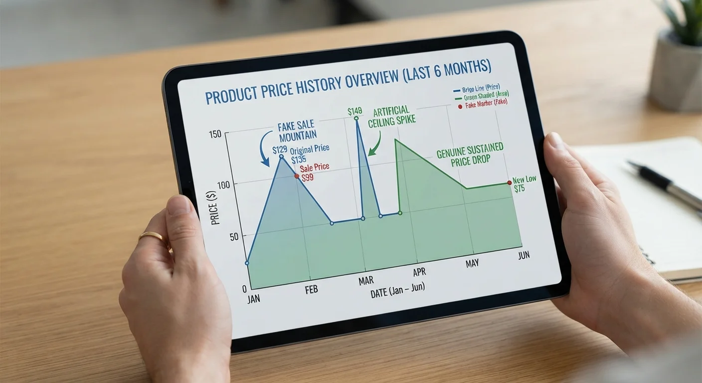 Tablet showing three price chart patterns including fake sale mountain shape, artificial price spike, and genuine sustained markdown