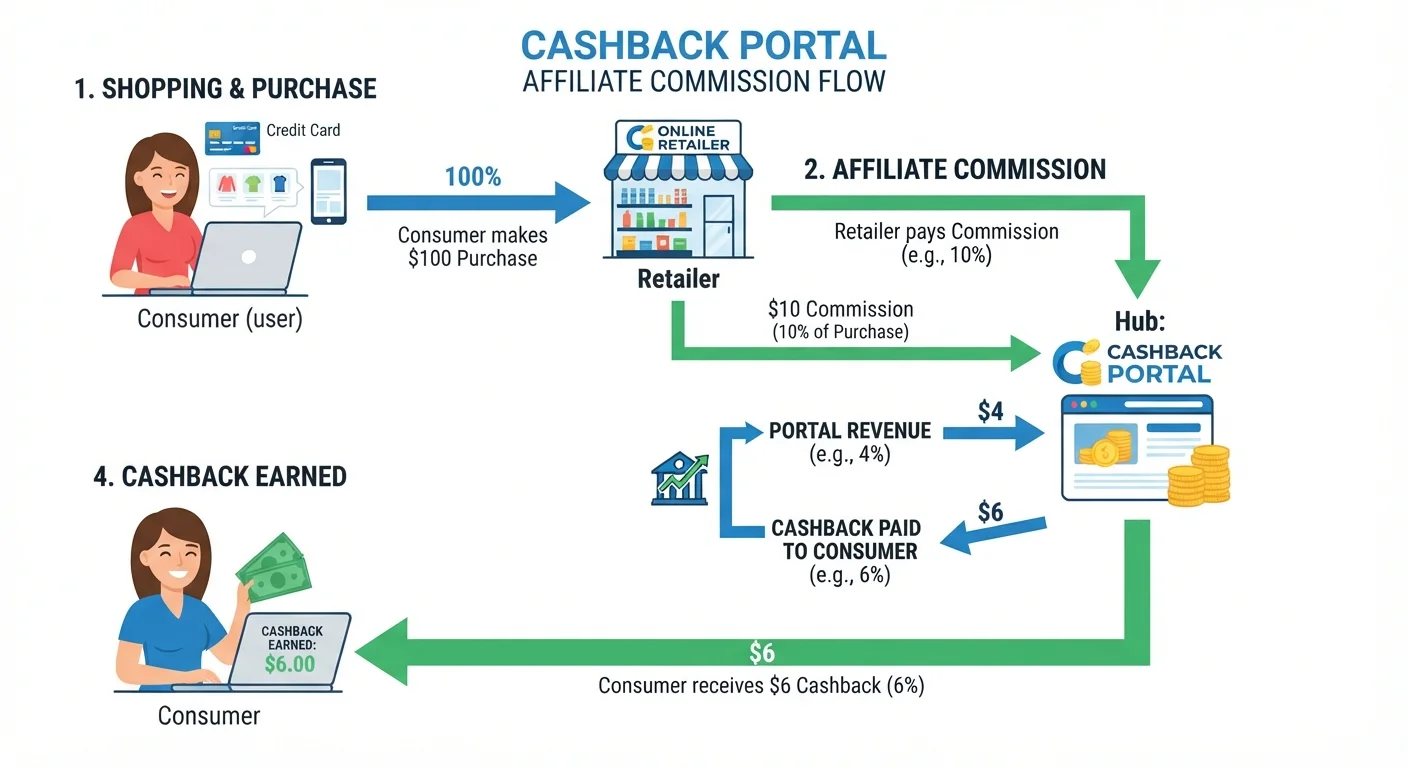 Infographic illustrating how affiliate commissions flow from retailers through cashback portals to consumers