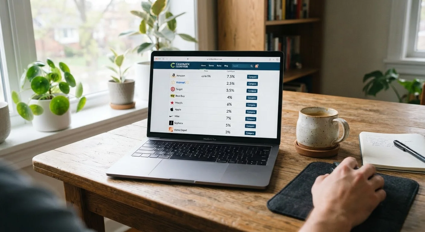 Laptop showing cashback rate comparison website with retailer percentage listings on screen