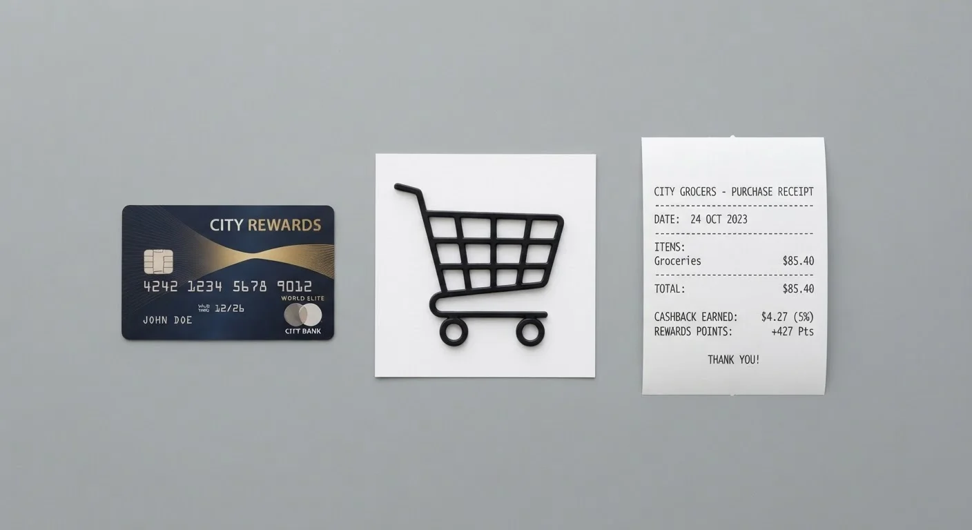 Overhead flat lay of a shopping cart symbol, cashback receipt, and rewards credit card on a grey surface