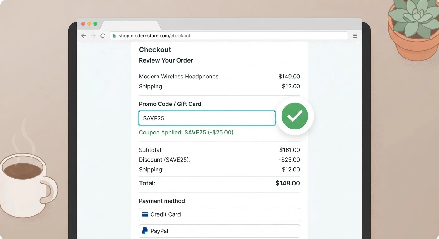Browser checkout page showing an automatically applied coupon code with a green discount indicator