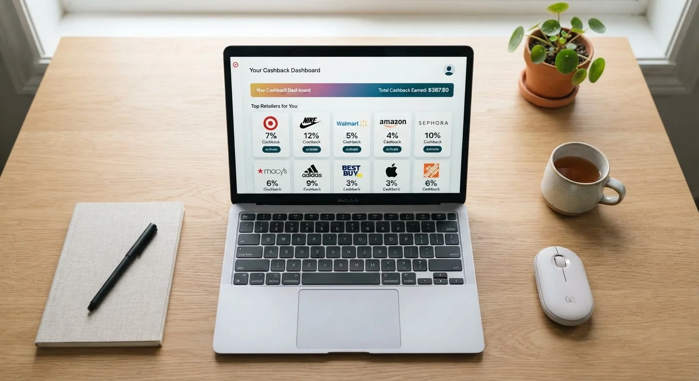 Laptop screen showing a cashback portal dashboard with retailer logos and cashback percentage rates