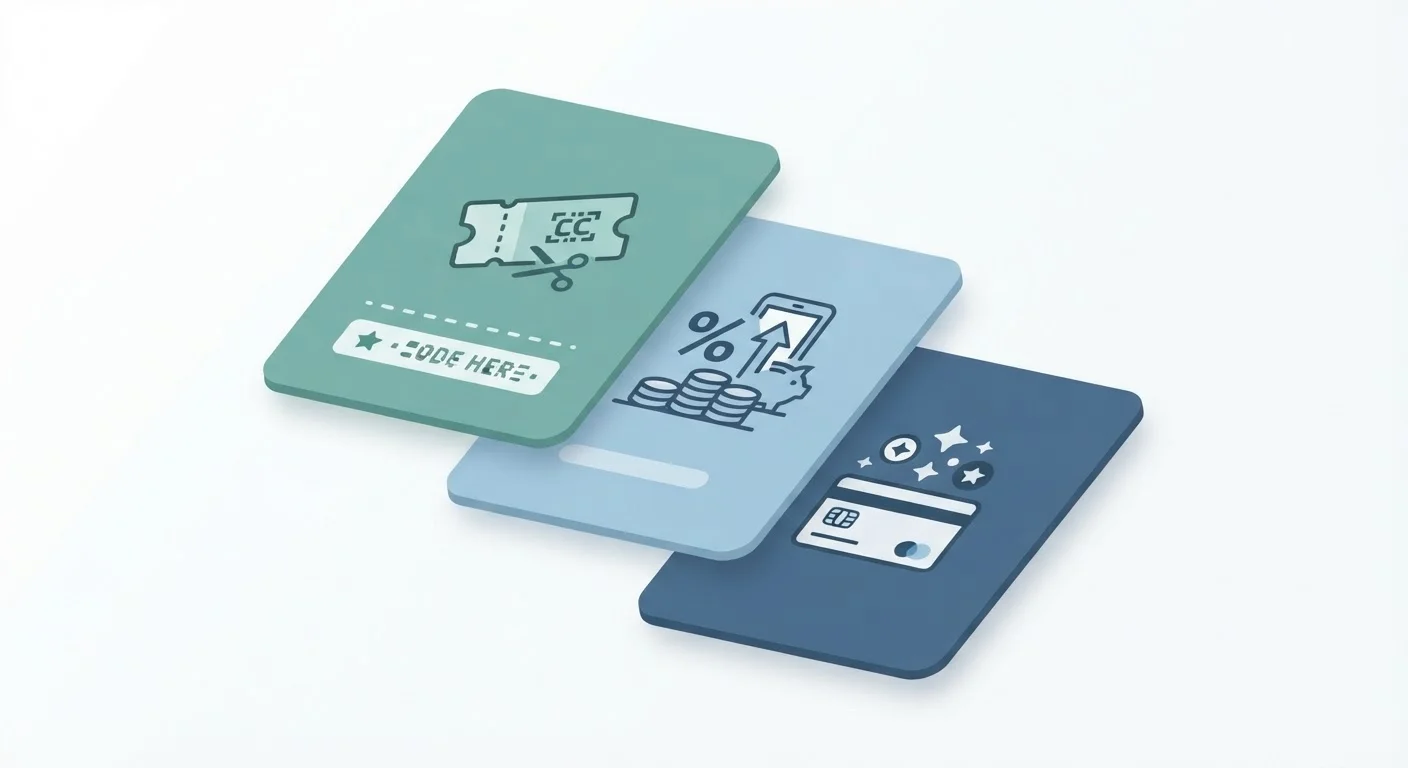 Three illustrated stacked layers representing coupon, cashback portal, and credit card reward savings combining on one purchase