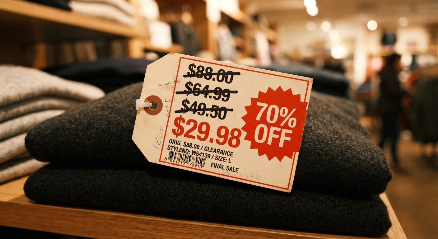 Retail clearance price tag with multiple crossed-out price points showing progressive markdown on apparel.