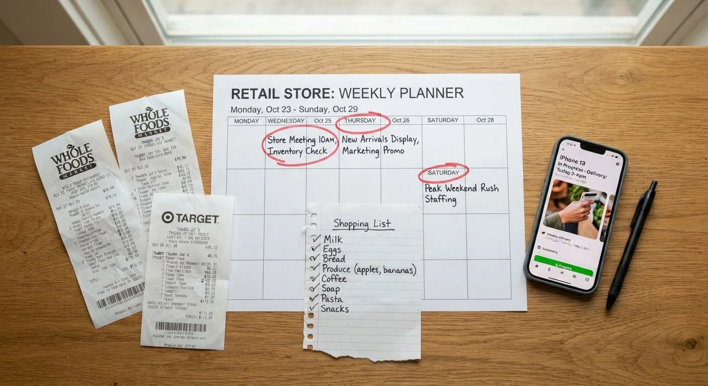 Weekly calendar with circled markdown days surrounded by shopping receipts and a smartphone showing a price-tracking app.