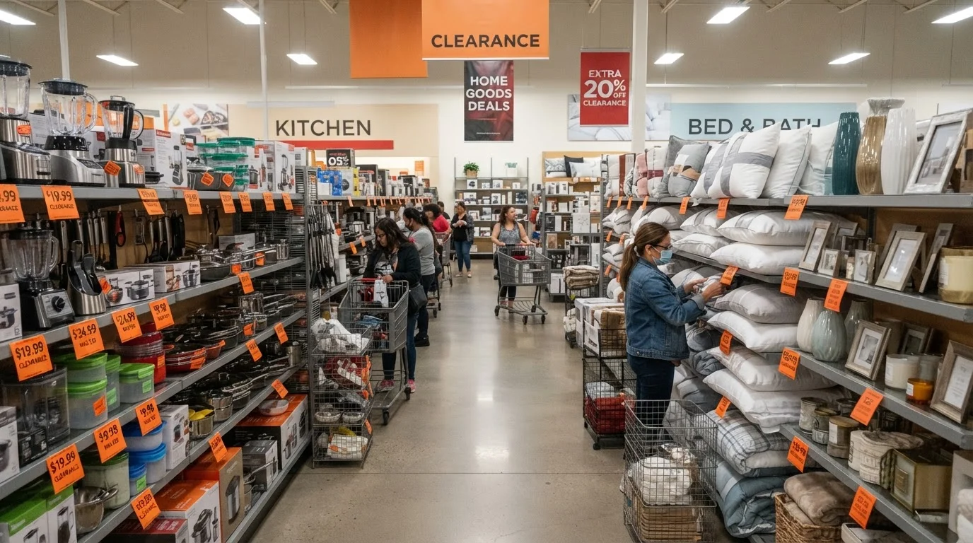 Home goods store clearance aisle with orange discount stickers on kitchenware, bedding, and decorative items.