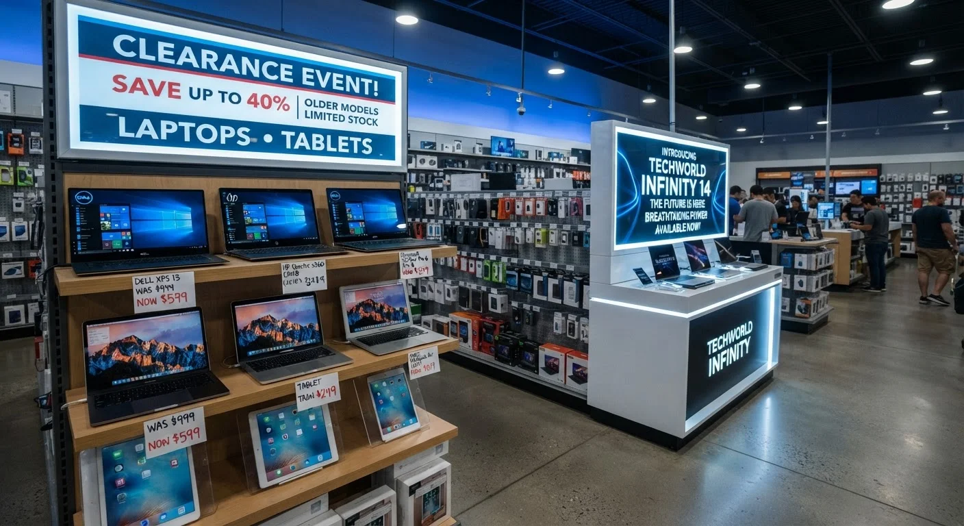 Electronics store clearance shelf showing older laptop models alongside a new product announcement sign.