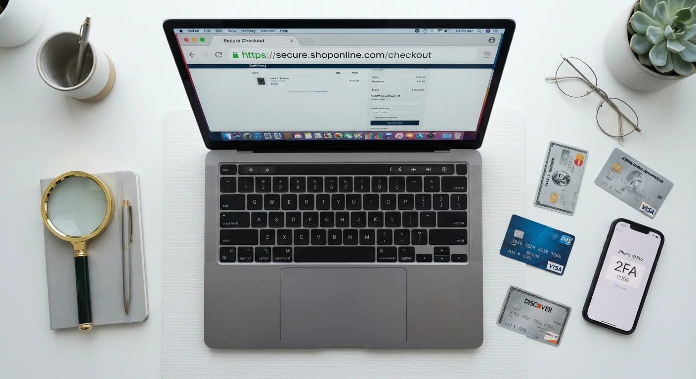 Laptop showing browser address bar with padlock icon, surrounded by credit cards and magnifying glass