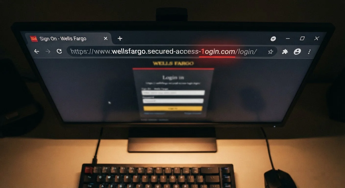 Browser address bar showing a suspicious misspelled domain name highlighted to indicate fraud risk
