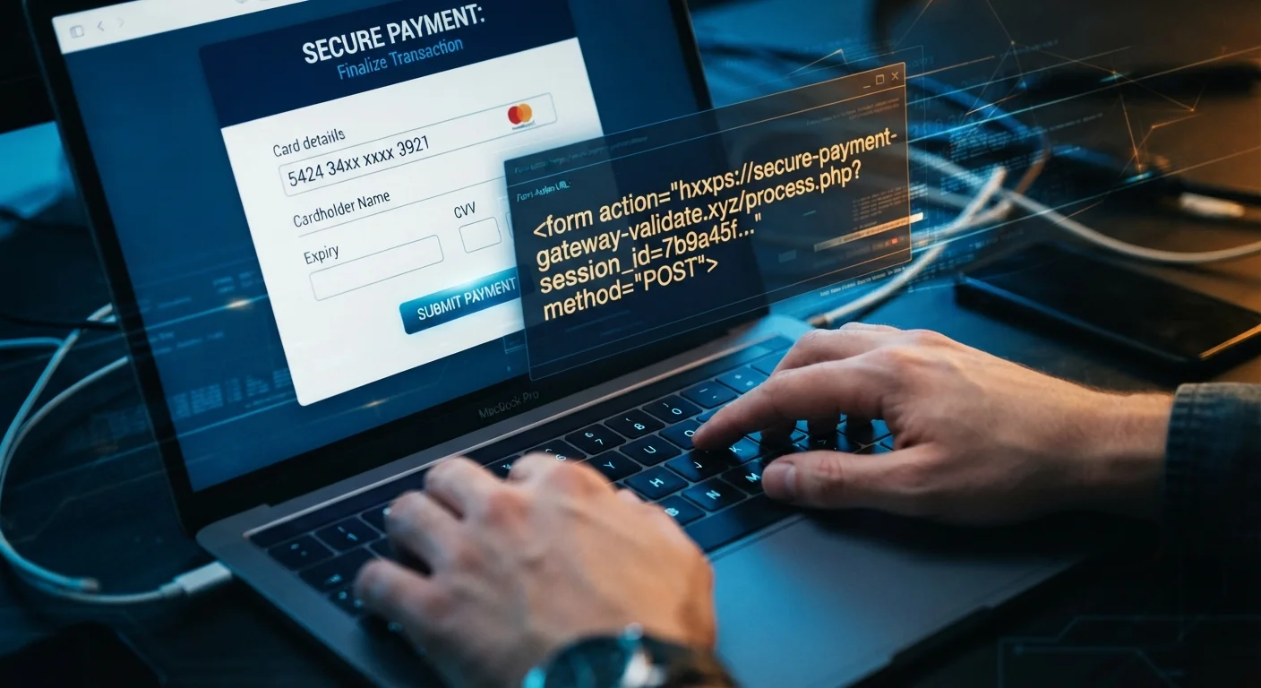 Hands entering credit card details into a laptop with a form action URL overlay showing an unfamiliar domain